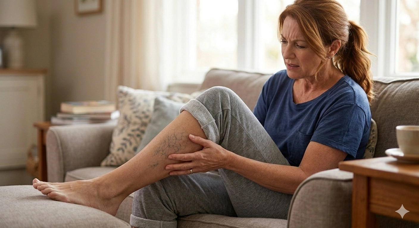 Man experiencing leg pain from varicose veins while sitting on gym bench