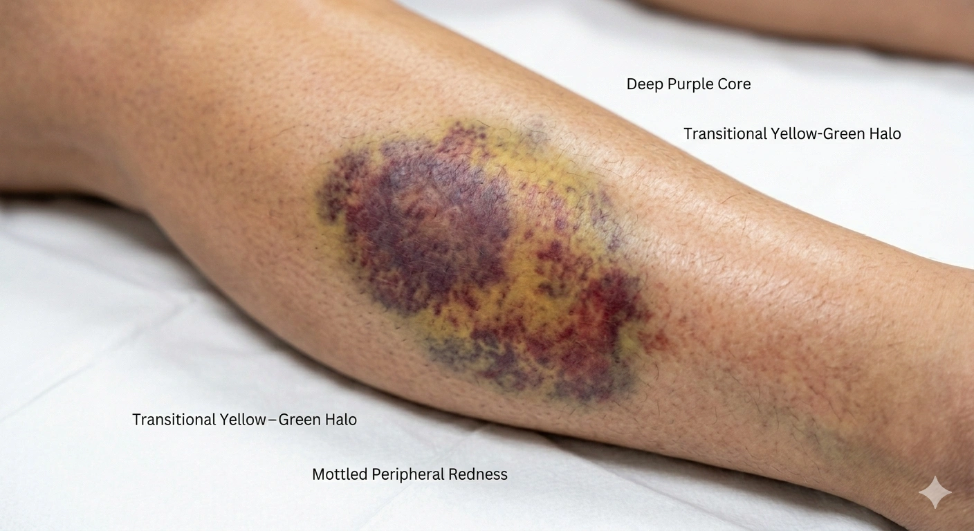 Hematoma on leg showing deep bruising and swelling