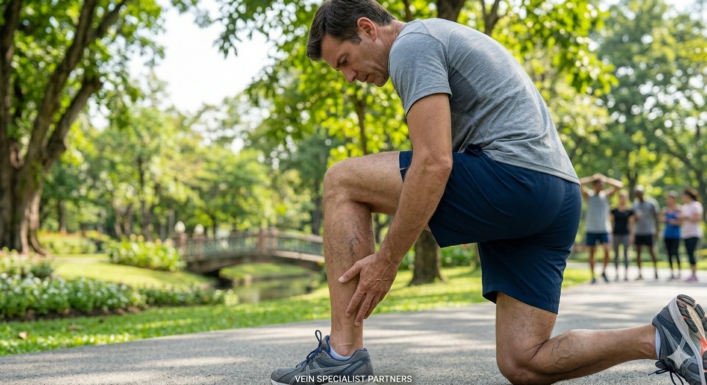 Athletic man experiencing knee pain while exercising at gym fitness center