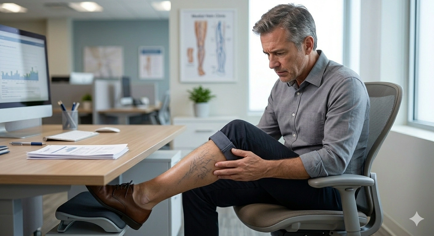 Construction worker in safety vest experiencing leg pain on job site